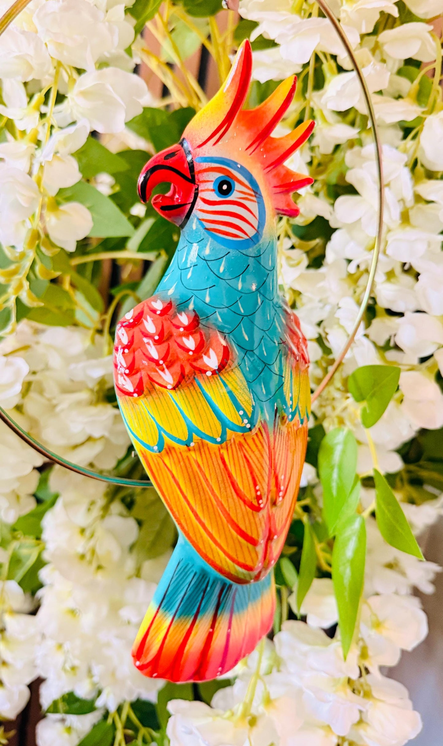 Hanging Exotic Bird in Ring Mexican Pottery Ceramic Pajaro De Cerámica