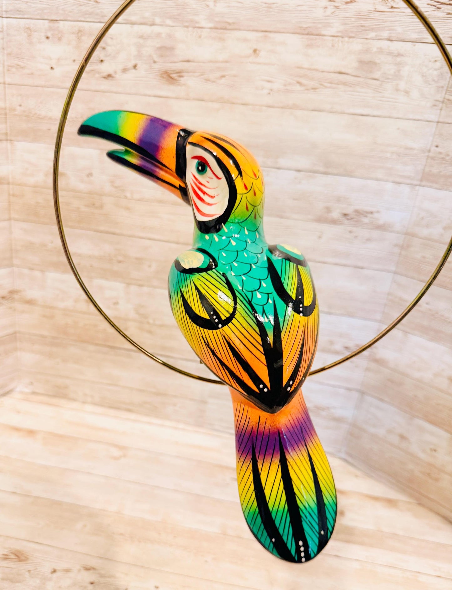 Hanging Exotic Toucan in Ring Mexican Pottery Ceramic Tucan oh  Pajaro Mexicano De Cerámica en Su Aro