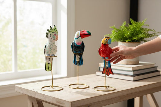 3 Hanging Exotic Birds in Ring Stand  Mexican Pottery Ceramic 3 Pajaros De Cerámica en Base