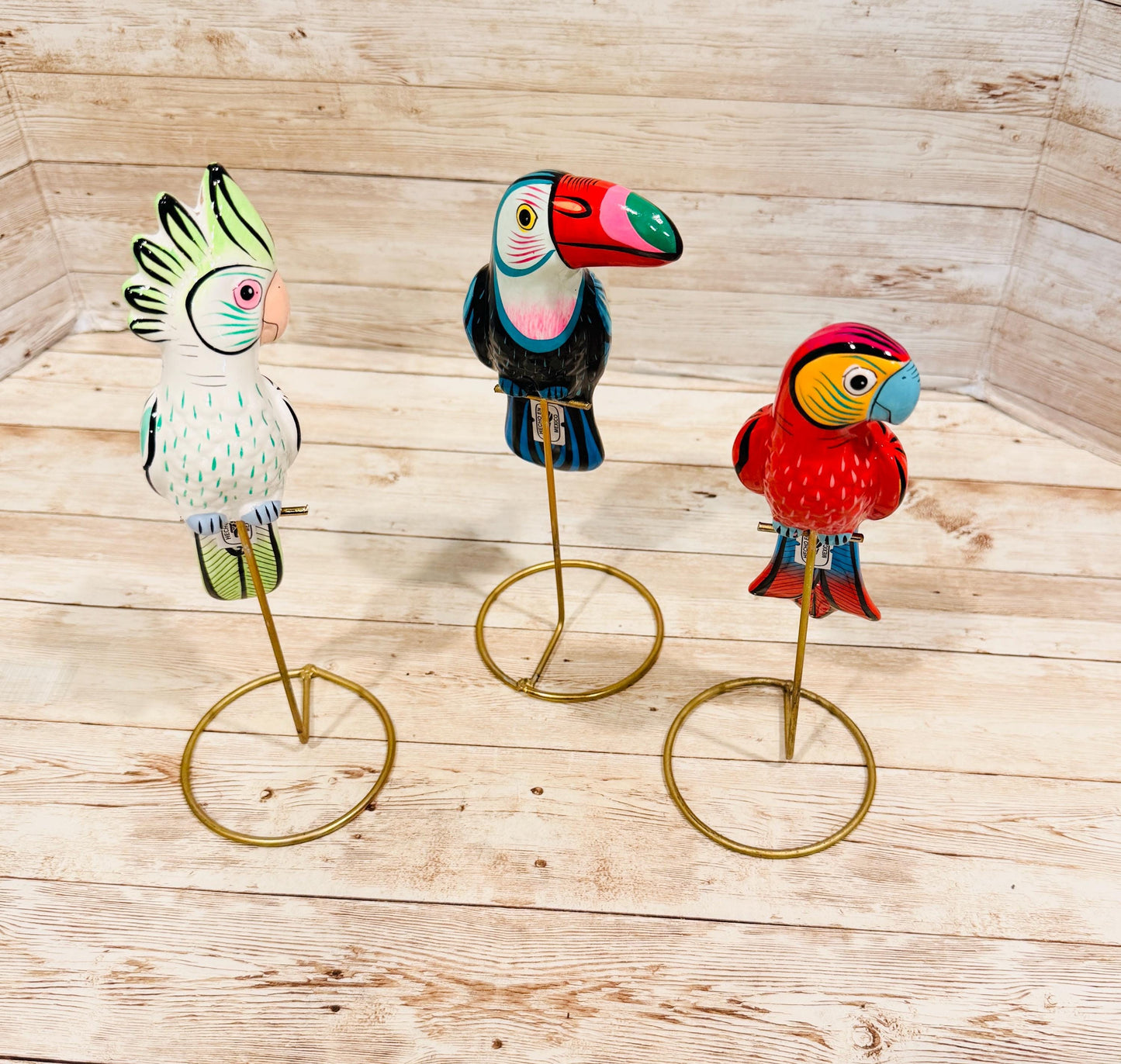 3 Hanging Exotic Birds in Ring Stand  Mexican Pottery Ceramic 3 Pajaros De Cerámica en Base