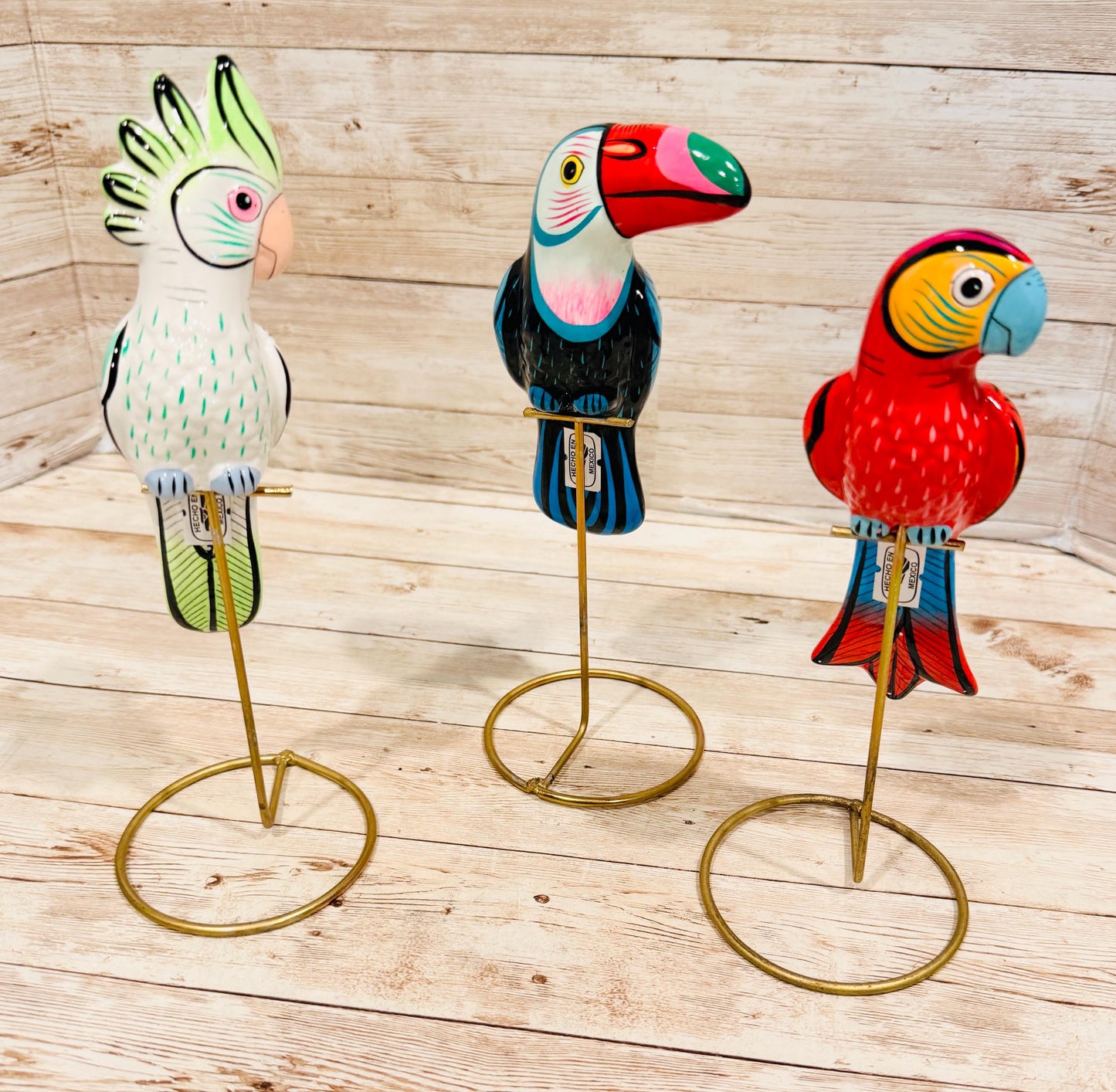 3 Hanging Exotic Birds in Ring Stand  Mexican Pottery Ceramic 3 Pajaros De Cerámica en Base