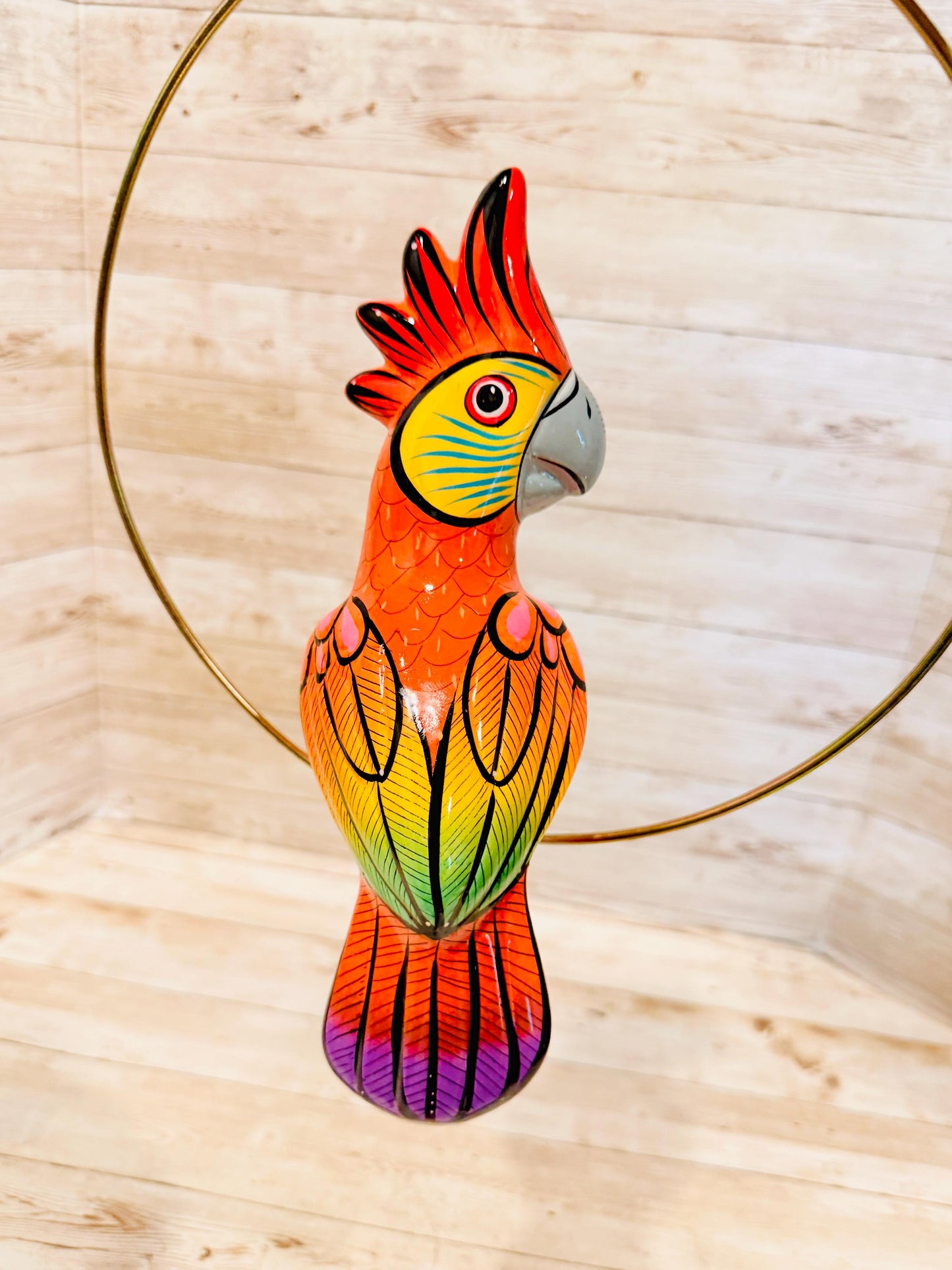 Hanging Exotic Bird in Ring Mexican Pottery Ceramic Pajaro Mexicano De Cerámica en Su Aro