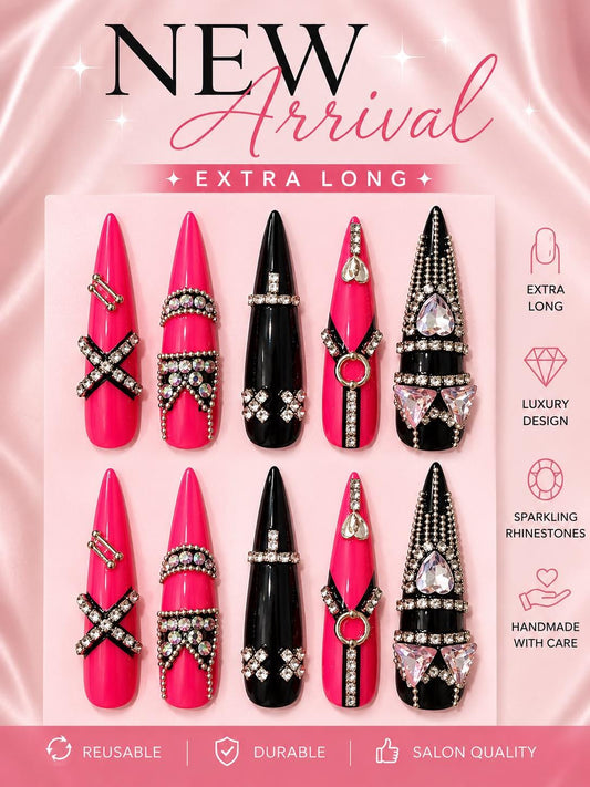 Luxury Hot Pink Black Rhinestone Press On Nails Extra Long Stiletto Bling Nails Handmade Custom Glam Set Size Large