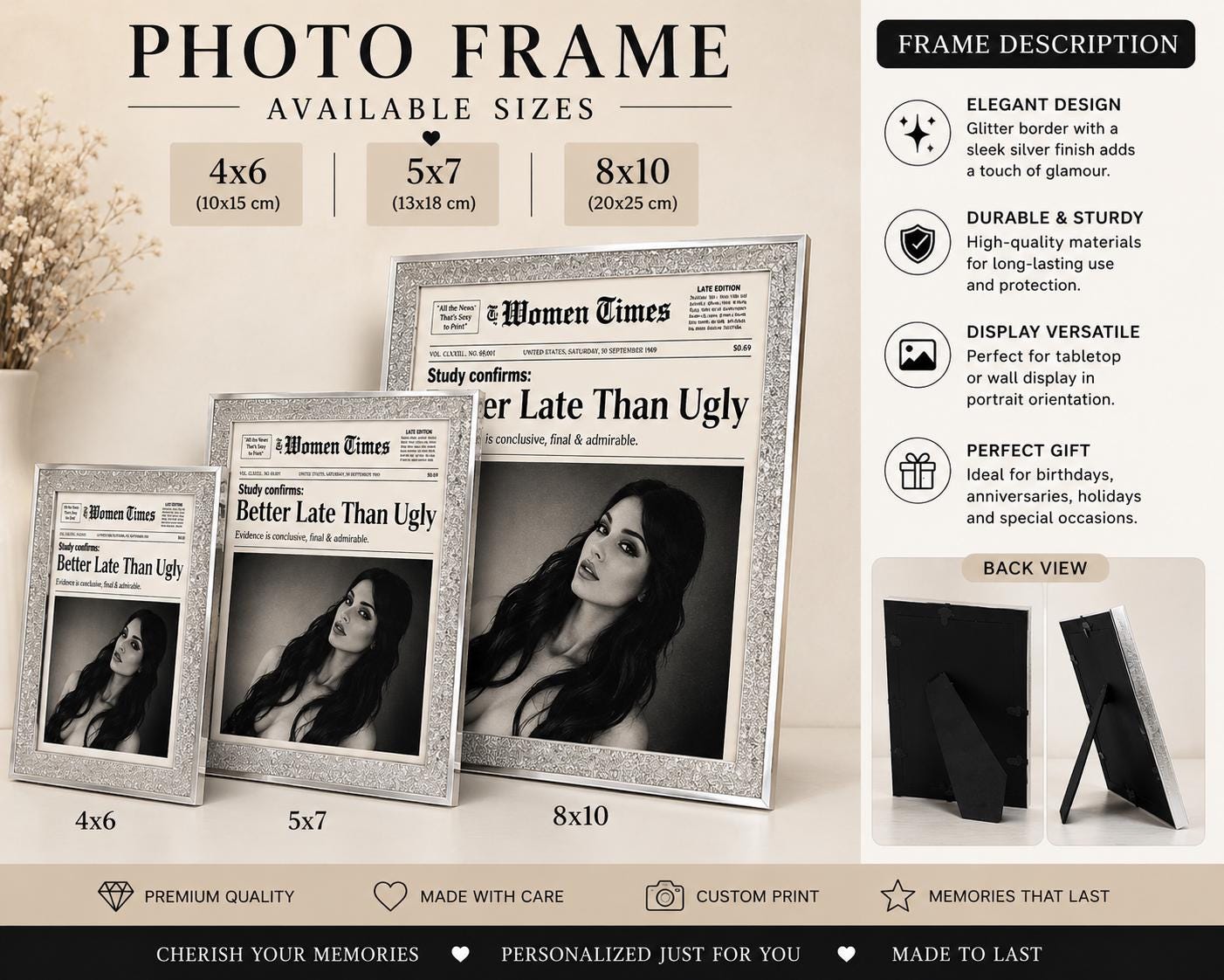 Personalized Photo “Better Late Than Ugly Woman Times Photo Newspaper Print Type with Glitter Silver Frame