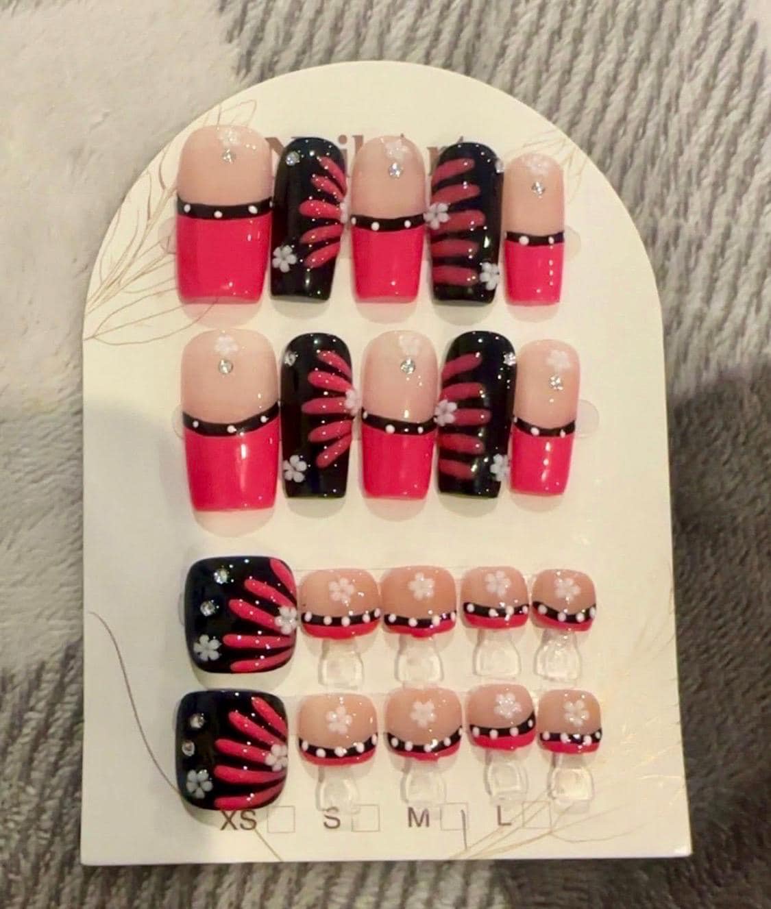Pink Black Floral Press On Nails & Toes Set Handmade Custom Matching Nail Set Reusable Glossy Nails