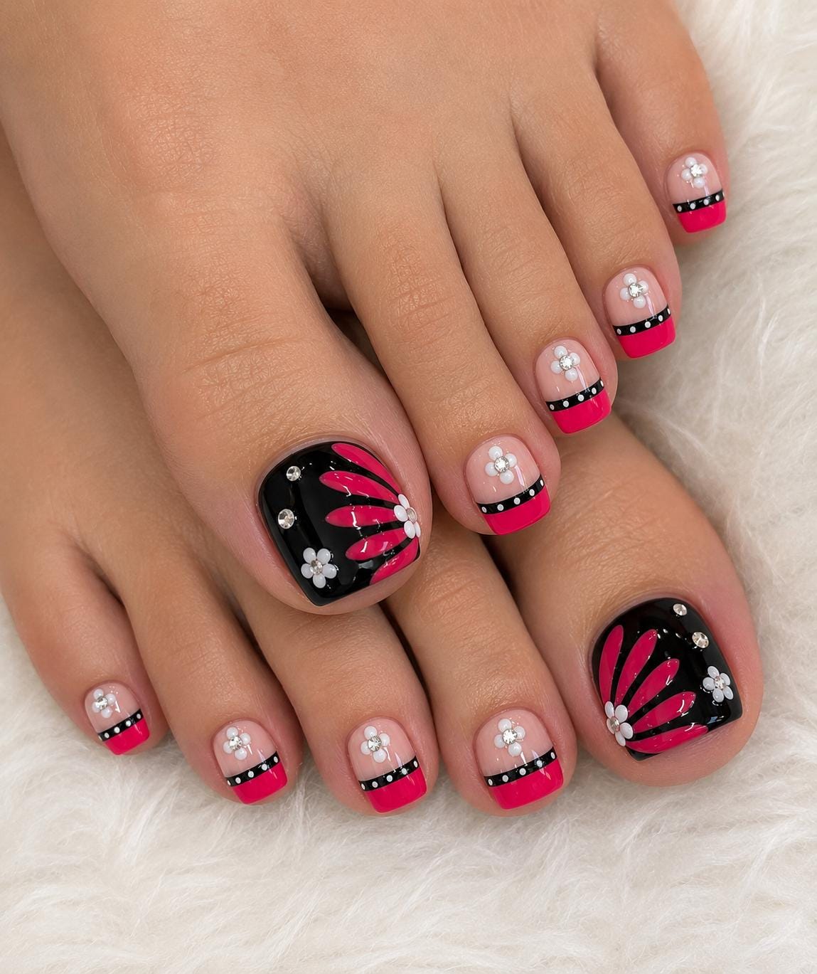 Pink Black Floral Press On Nails & Toes Set Handmade Custom Matching Nail Set Reusable Glossy Nails