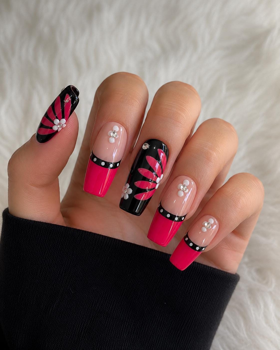 Pink Black Floral Press On Nails & Toes Set Handmade Custom Matching Nail Set Reusable Glossy Nails