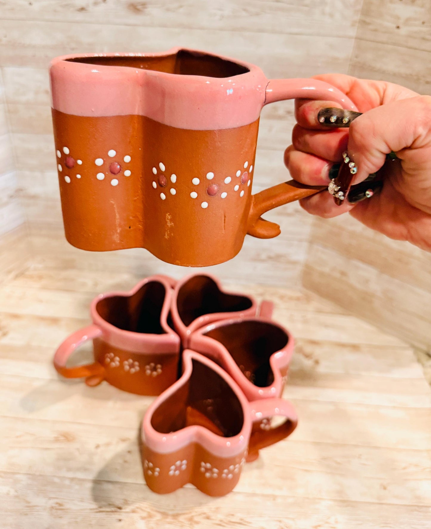 Mexican Terracota Heart Shaped Cups Tazas Mexicanas de Barro en Forma de Corazon
