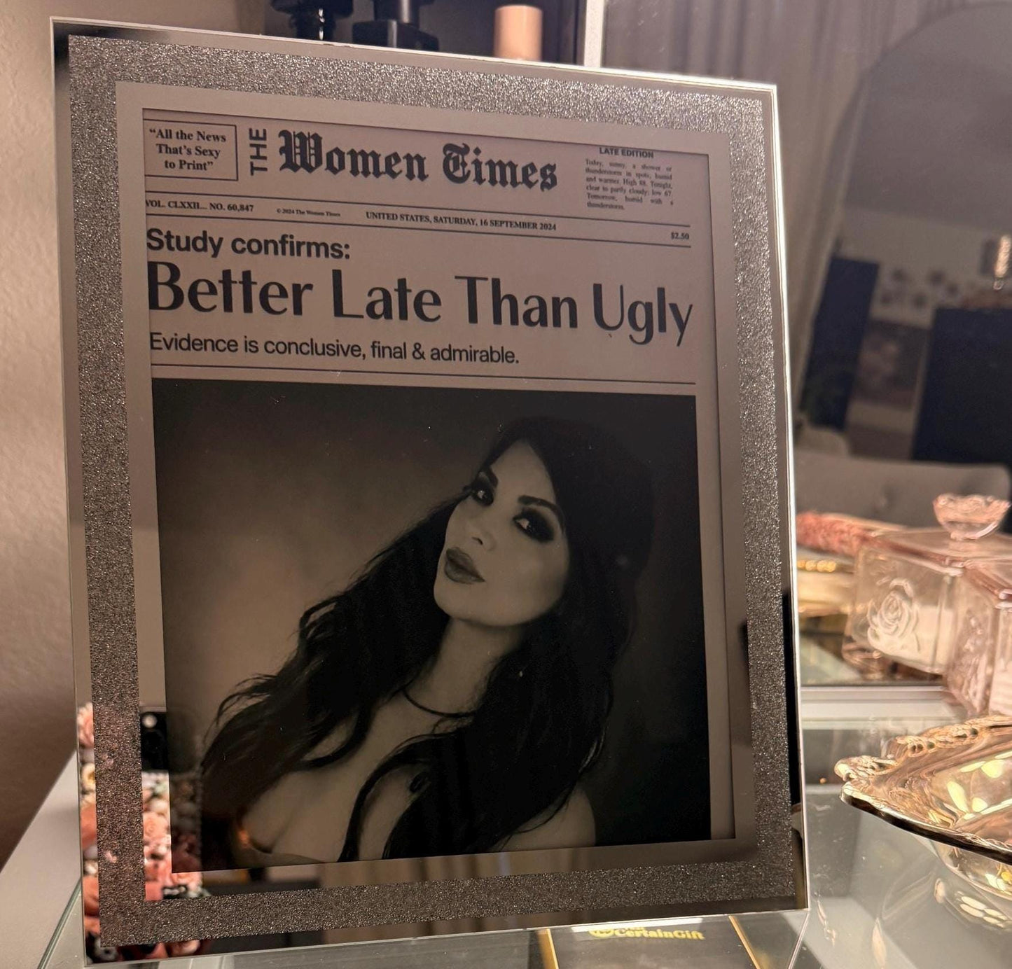 Personalized Photo “Better Late Than Ugly Woman Times Photo Newspaper Print Type with Glitter Silver Frame