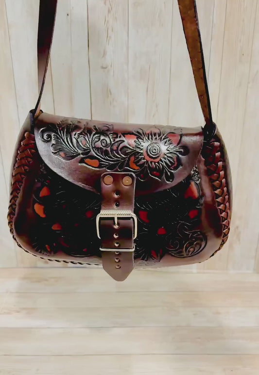 Mexican Leather Tooled Crossbody Handbag Bolsa Mexicana de Piel Cincelada