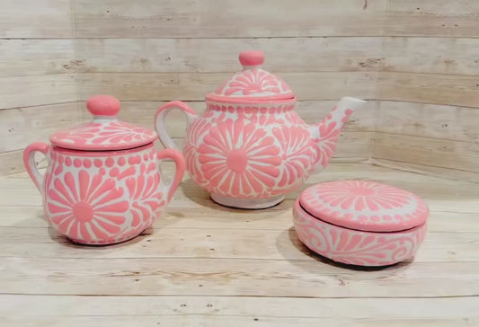 Mexican Pink Talavera Coffeepot Teapot Set with Sugar Bowl and Serving Dish with Lid Talavera Rosa Tetera con Azucarera y Charola Chica para Servir