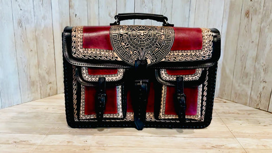 Tooled Leather  Handmade Aztec Satchel Mexican Artisan Shoulder Bag