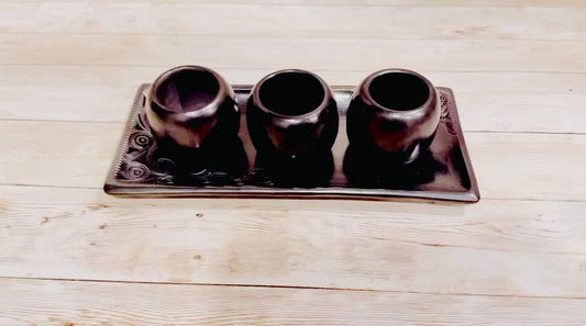 Black Oaxacan Shot Glasses Set with Plate 3 Vasos Tequileros con Bandeja
