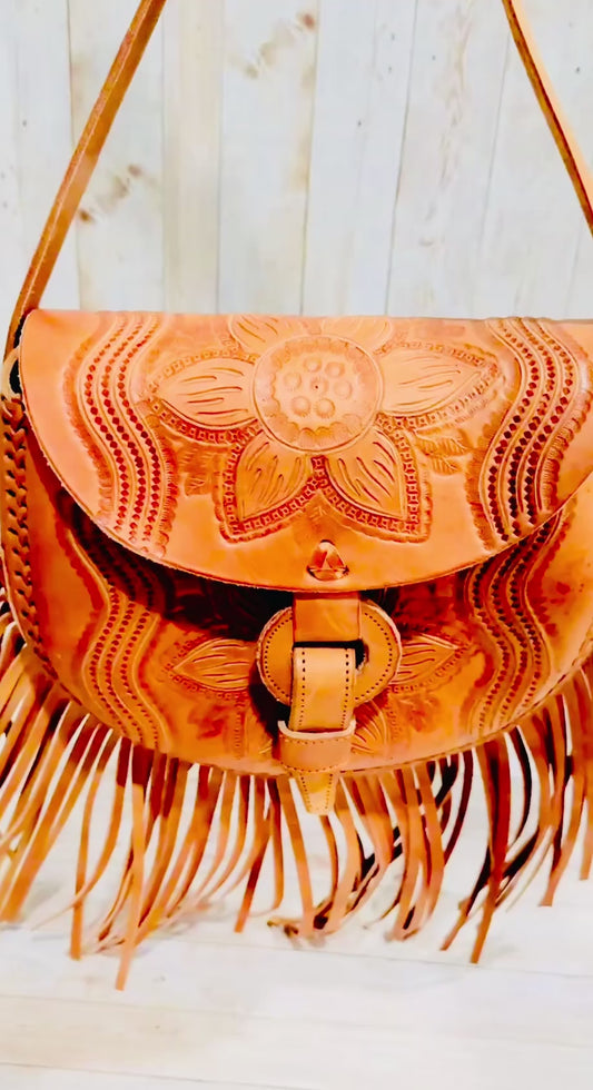 Handcrafted Tooled Western Mexican Leather Crossbody Bag Bolsa Mexicana de Piel